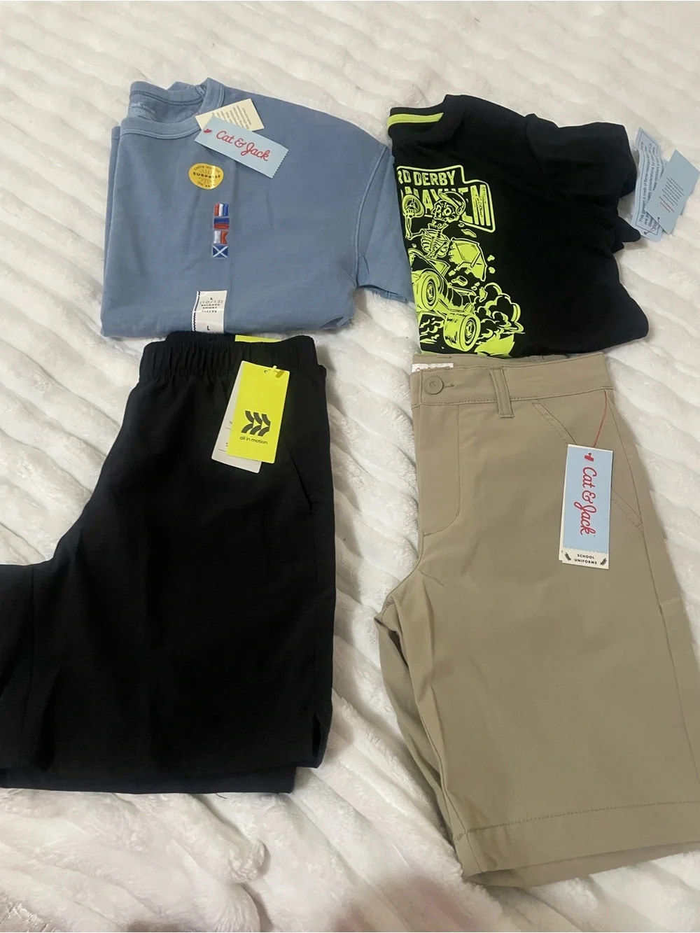 Set of Kids Tops & Shorts - Black Graphic Tee, Blue Tee, Black & Khaki Shorts